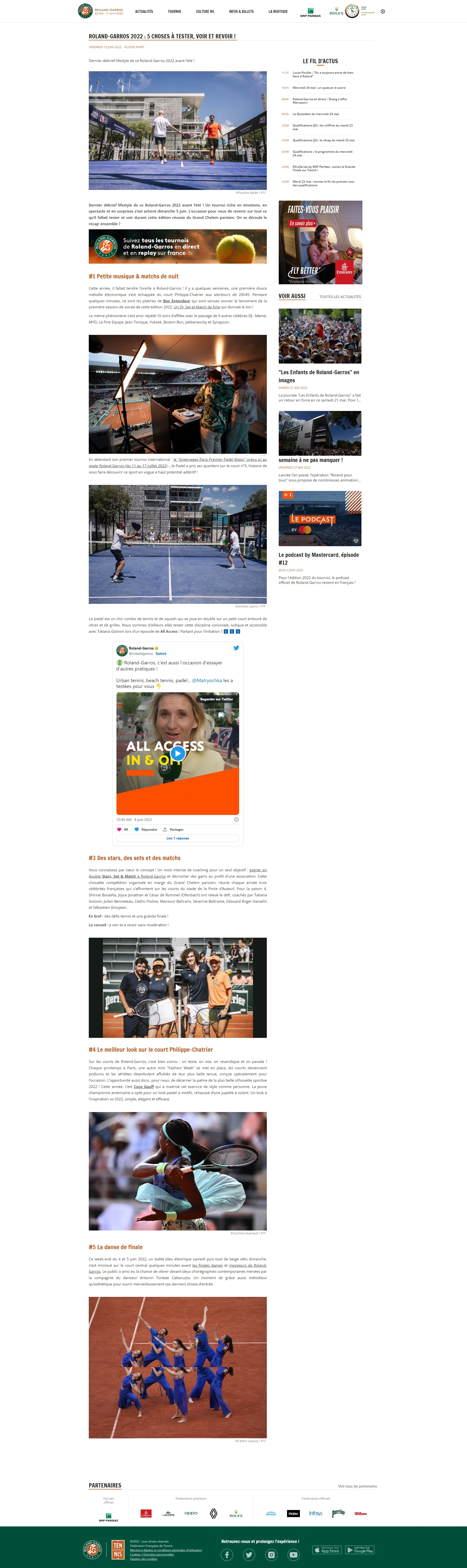 Page article du site Roland Garros