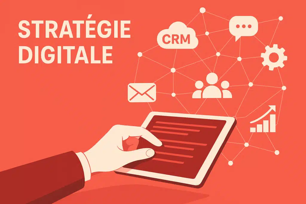 Digitalisation entreprise, la stratégie digitale avec une main manipulant une tablette et des icônes connectées représentant CRM, email, communication, gestion et analytics sur fond rouge corail