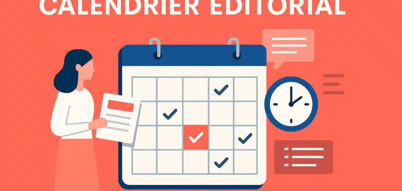 Calendrier éditorial : illustration digitale sur fond corail représentant la planification de contenus dans une stratégie digitale