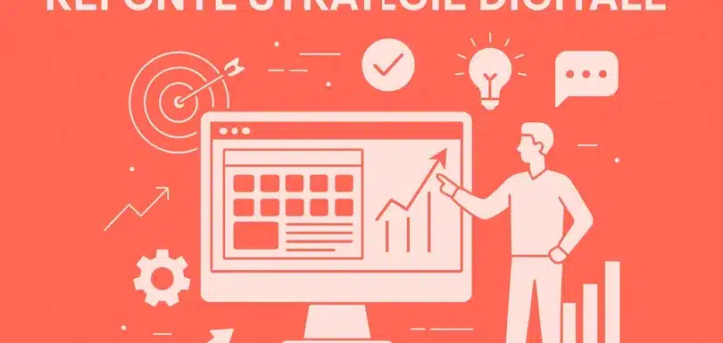 Illustration représentant la refonte de stratégie digitale avec un écran, des graphiques et des icônes sur fond rouge corail