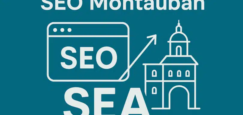 Illustration SEO Montauban sur fond bleu avec icône SEA et bâtiment historique