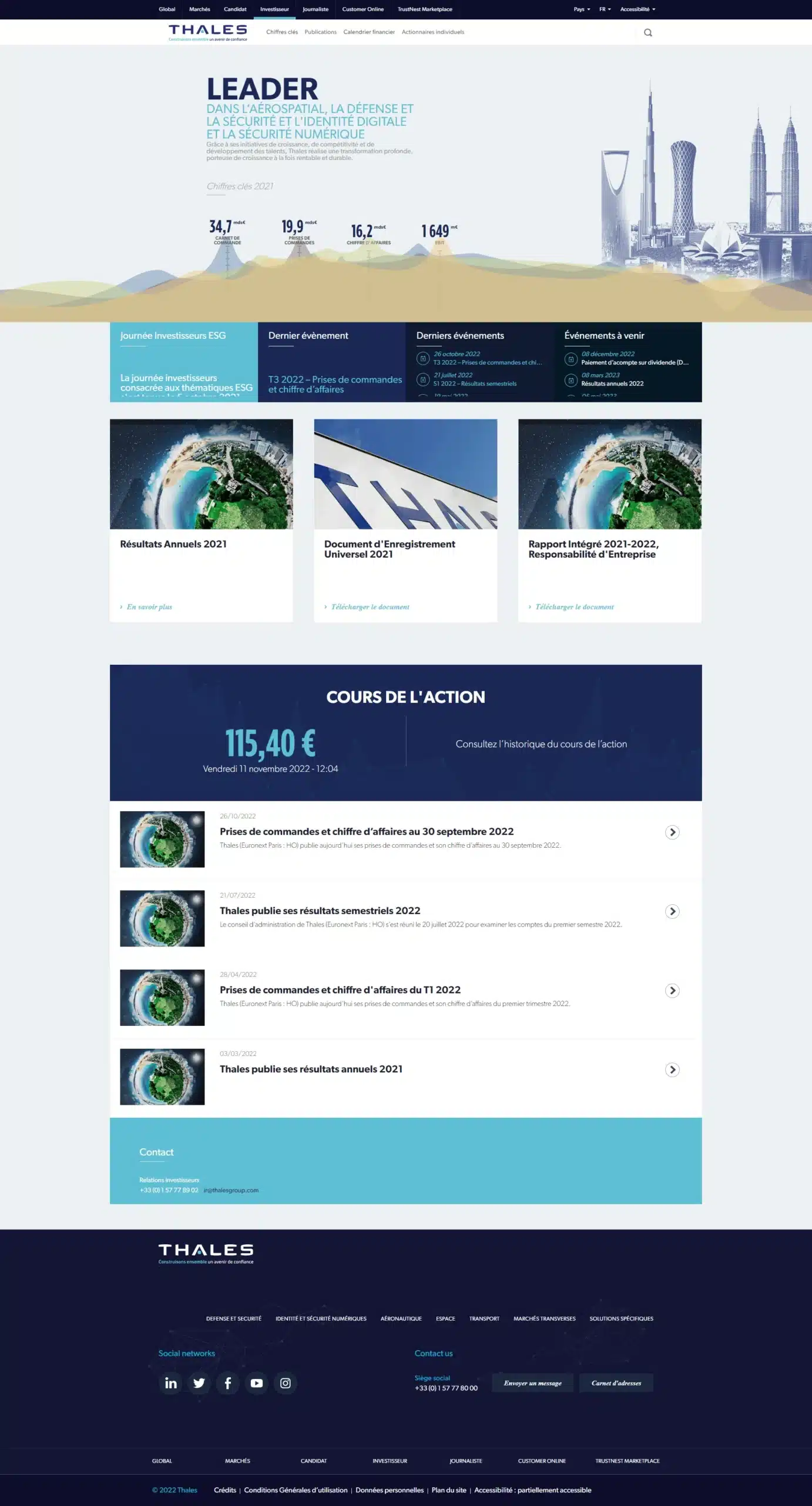 : Page Thales présentant les résultats financiers et les documents d’entreprise