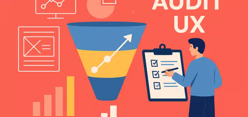 Illustration audit UX : tunnel de conversion, wireframes et analytics sur fond Rouge Corail
