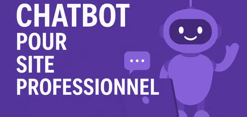 Chatbot pour site professionnel – Robot violet souriant à côté d’un ordinateur portable sur fond violet profond