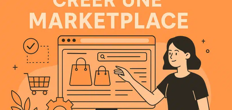 Créer une marketplace – illustration interface utilisateur et commerce digital sur fond orange mandarine