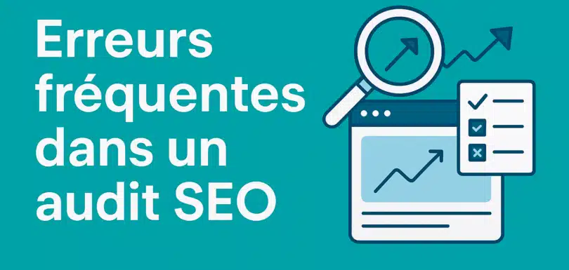 Illustration SEO – Erreurs fréquentes dans un audit SEO, checklist et analyse graphique sur fond sarcelle