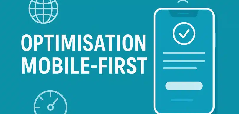 Illustration optimisation mobile-first – smartphone, vitesse de chargement, connectivité sur fond bleu sarcelle