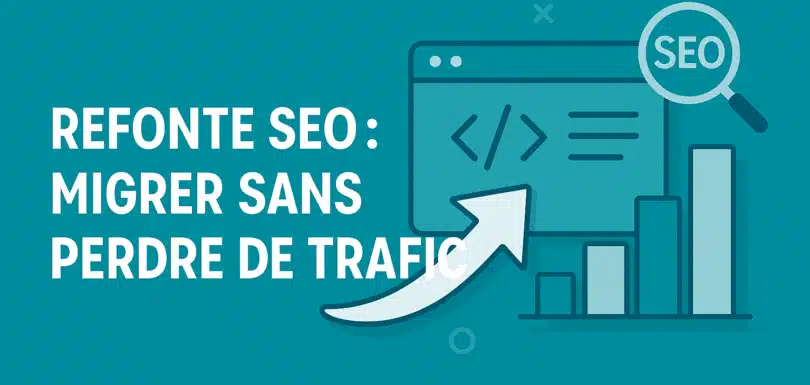 Illustration en bleu sarcelle montrant une refonte SEO d'un site, avec texte "Refonte SEO : Migrer sans perdre de trafic", un graphique de progression, une flèche et une loupe sur l’icône SEO.