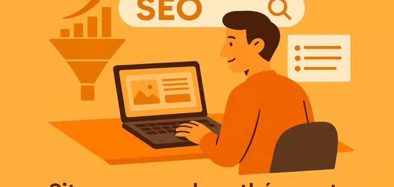 Illustration d’un coach travaillant son SEO sur ordinateur, tunnel de conversion, fond Orange Mandarine