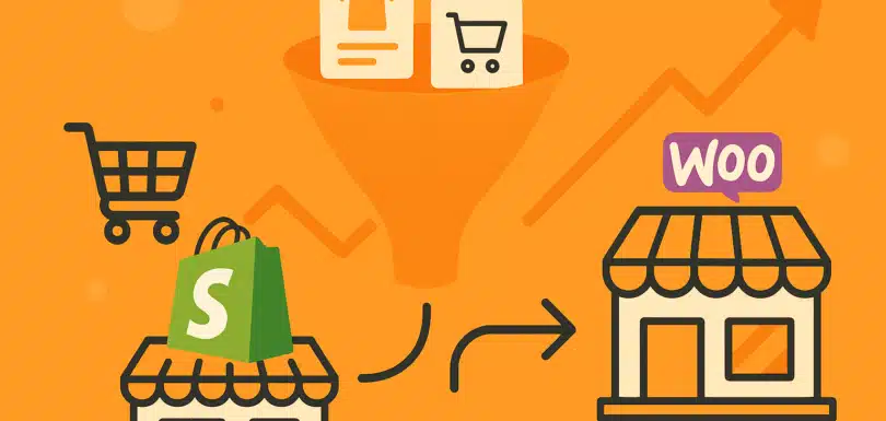 Shopify ou WooCommerce : tunnel de conversion e-commerce entre Shopify et WooCommerce sur fond Orange Mandarine