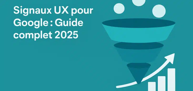 Illustration d’un tunnel de conversion et croissance – Signaux UX pour Google : Guide complet 2025, fond bleu sarcelle, design plat