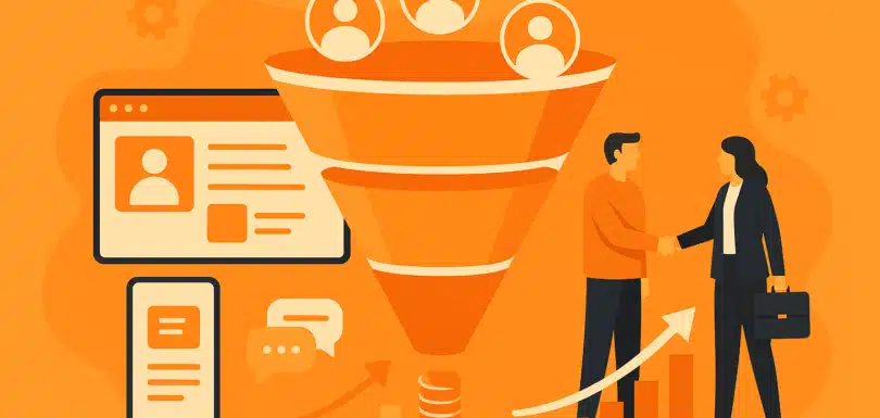 Tunnel de conversion pour plateforme de mise en relation – illustration entonnoir, croissance digitale, fond orange mandarine