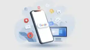 Illustration abstraite d’un smartphone entouré d’icônes de recherche Google, représentant l’indexation mobile-first.