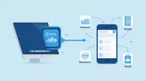 Infographie montrant l’indexation mobile-first de Google, avec un smartphone prioritaire sur un ordinateur de bureau.